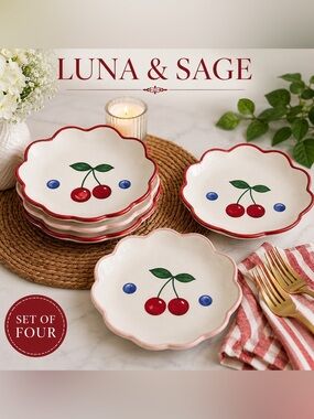 🍒 Luna & Sage Cherry Mini Dessert Plates – Set of 4